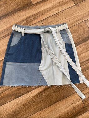 Two-Tone Patchwork Denim Mini Skirt with Self-Tie Waist - Blue